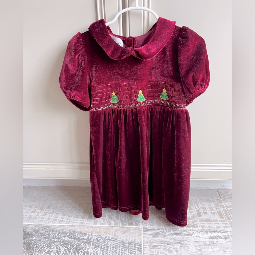 Marie Nicole girls Velvet Burgundy Dress with Festive Christmas tree Embroidery